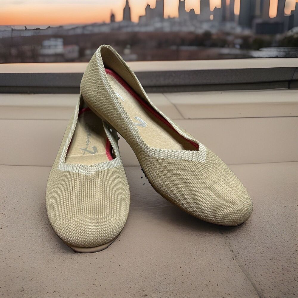 Seven7 Stretch Ballet Flats 7M Sand Tan Woven Fabric Cushioned Insole Preppy